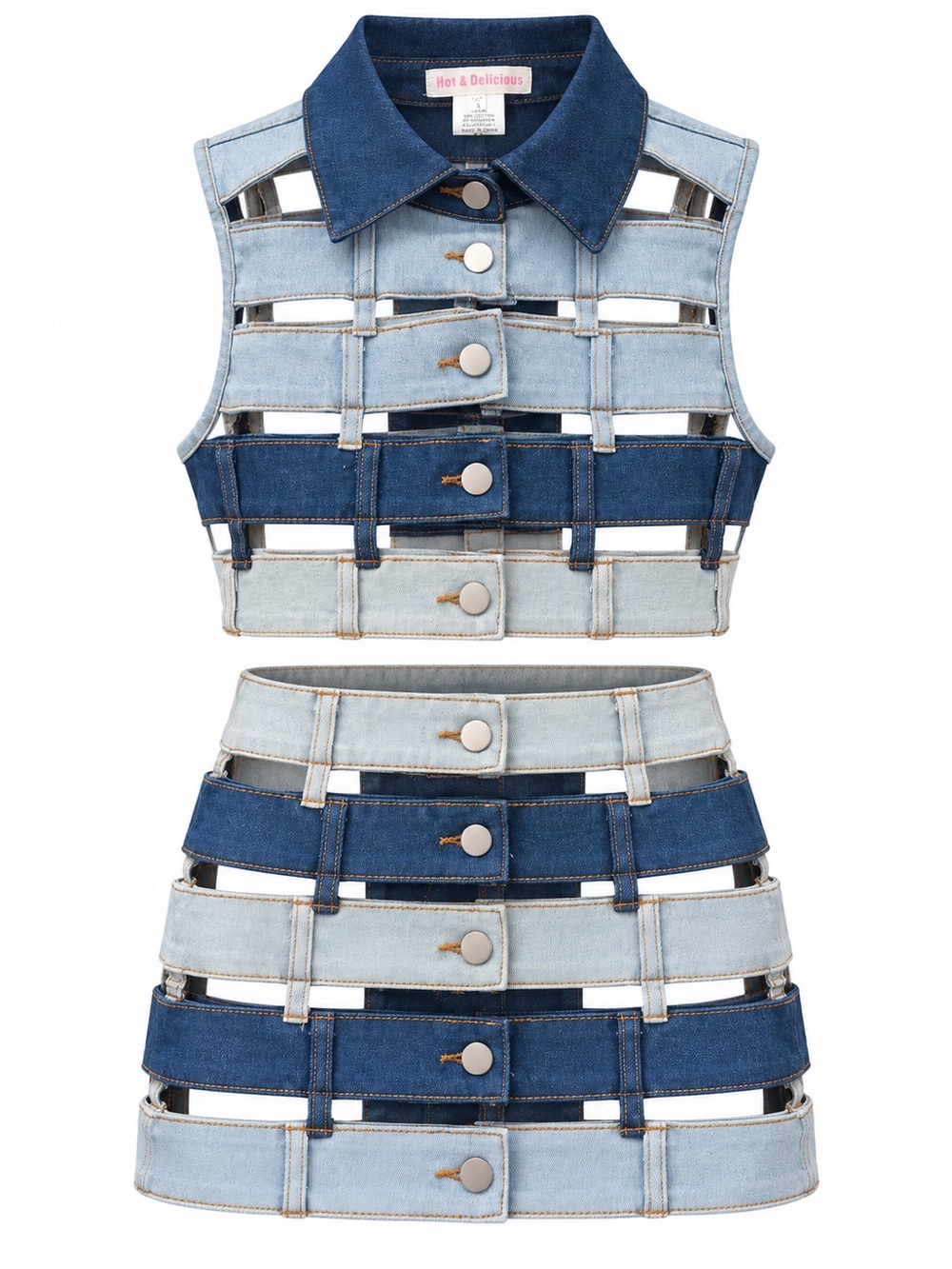 Hot & Delicious Two-Tone Denim Cutout Crop Top - Light & Dark Blue
